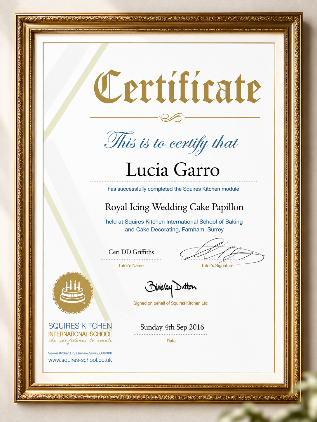Certificato internazionale di Lucia Garro presso Squires Kitchen